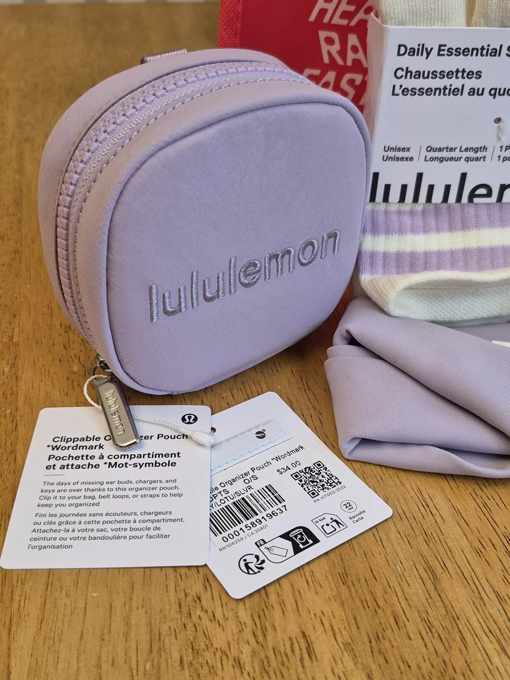 Lululemon SET Lavender Socks Crossover Headband Clippable Pouch & Reusable Tote